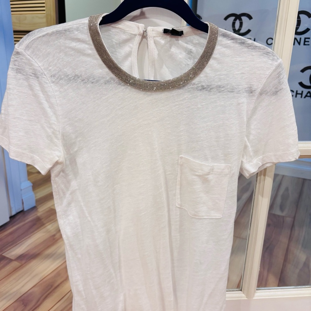 J.Crew White Tee with Silver Beaded Collar